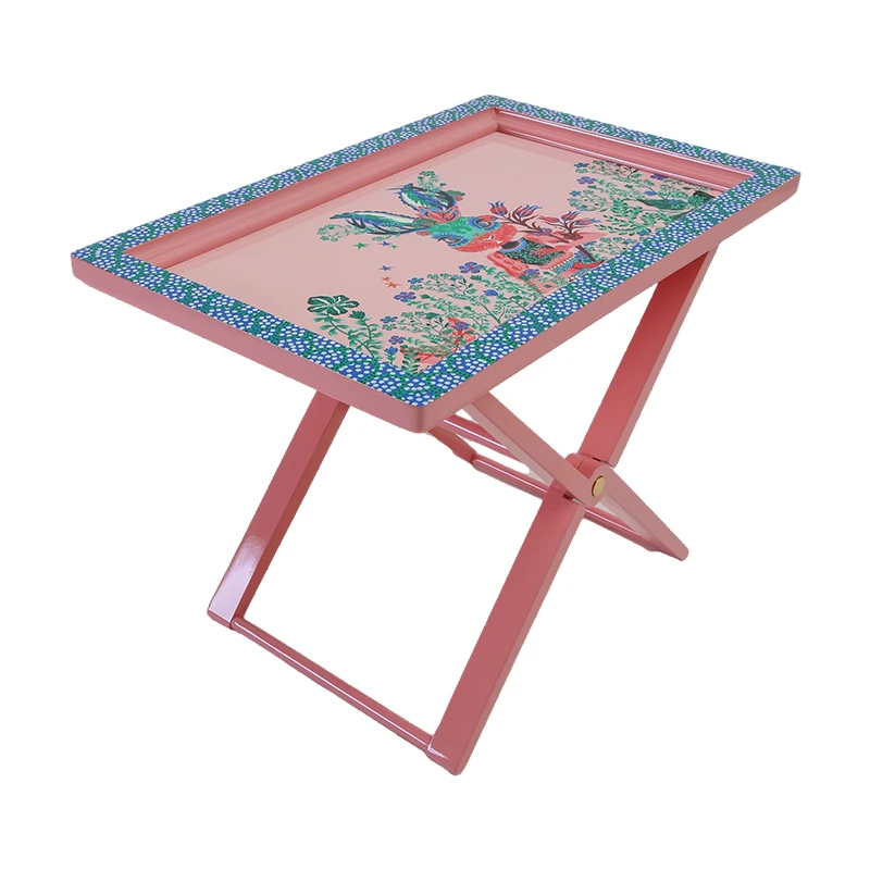 Flower painting coffee table side table, French light retro birch foldable square