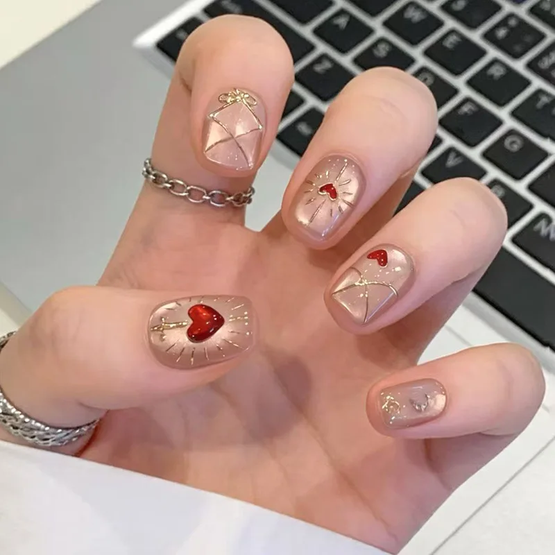 24Pcs Short Ballet False Nails with Red Strawberry Pattern Acrylic Coffin Nails Set Press on Cute Cat's Eye Sticks Nail Tips