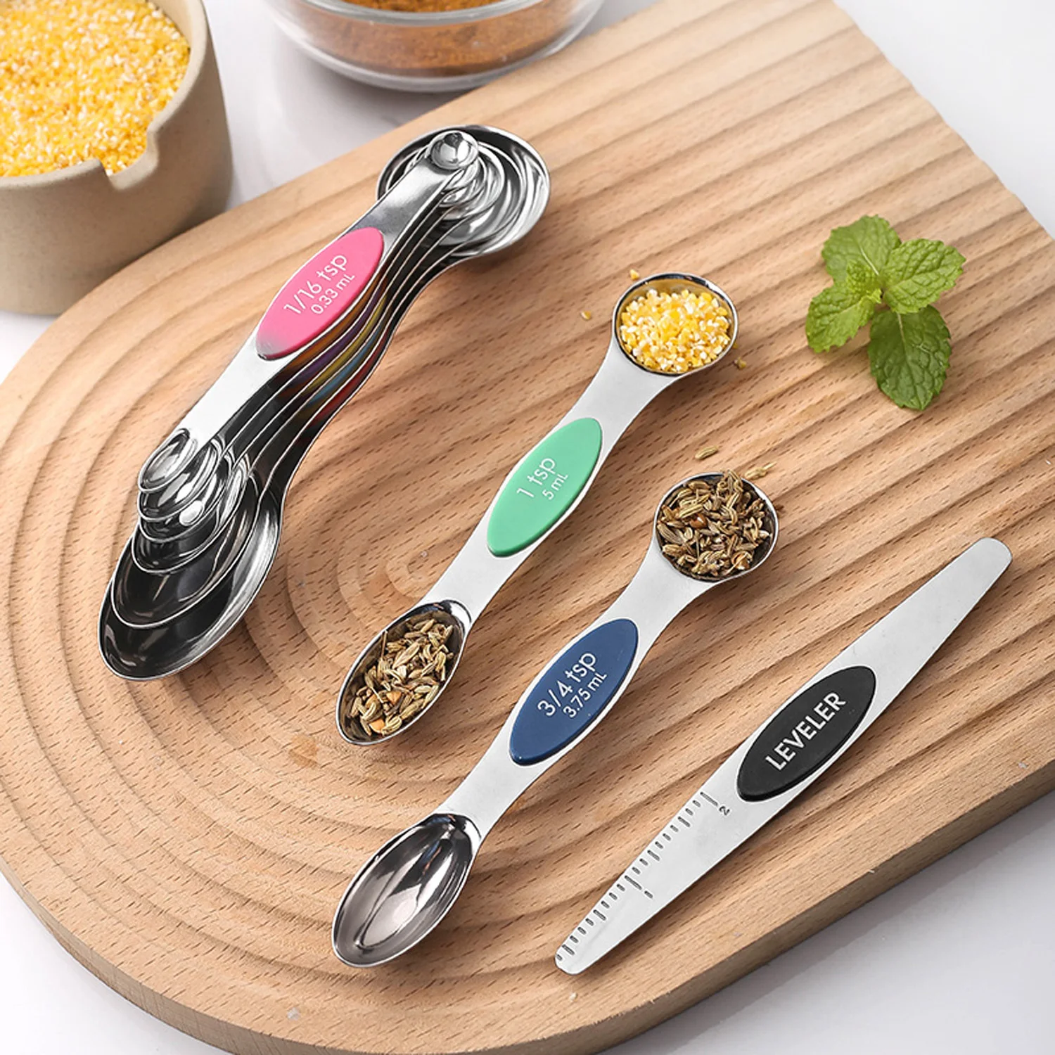 9pcs Stainless Steel Magnetic Measuring Spoons - Dual Sided for Liquid and Dry Ingredients Perfect for Measuring Accurately