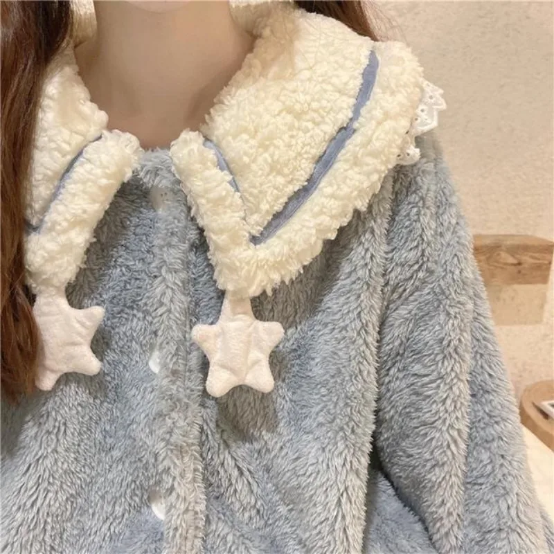 2024 New Coral Velvet Pajamas Women Autumn Winter Loungewear Plus Velvet Padded Sleepwear Cute Plush Doll Collar Homewear Suit