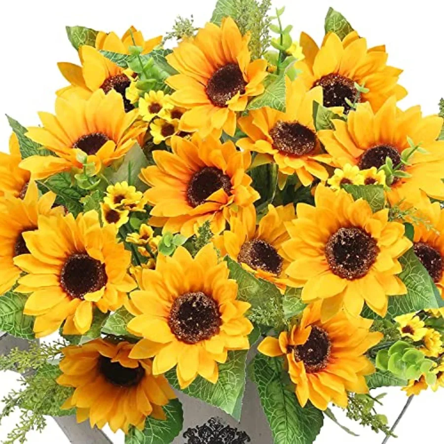 

Artificial Sunflowers for Outdoors - 2 Bunches Fake Sunflower Bouquets with 14 Large Blooms, UV Resistant Silk Flowers for Home