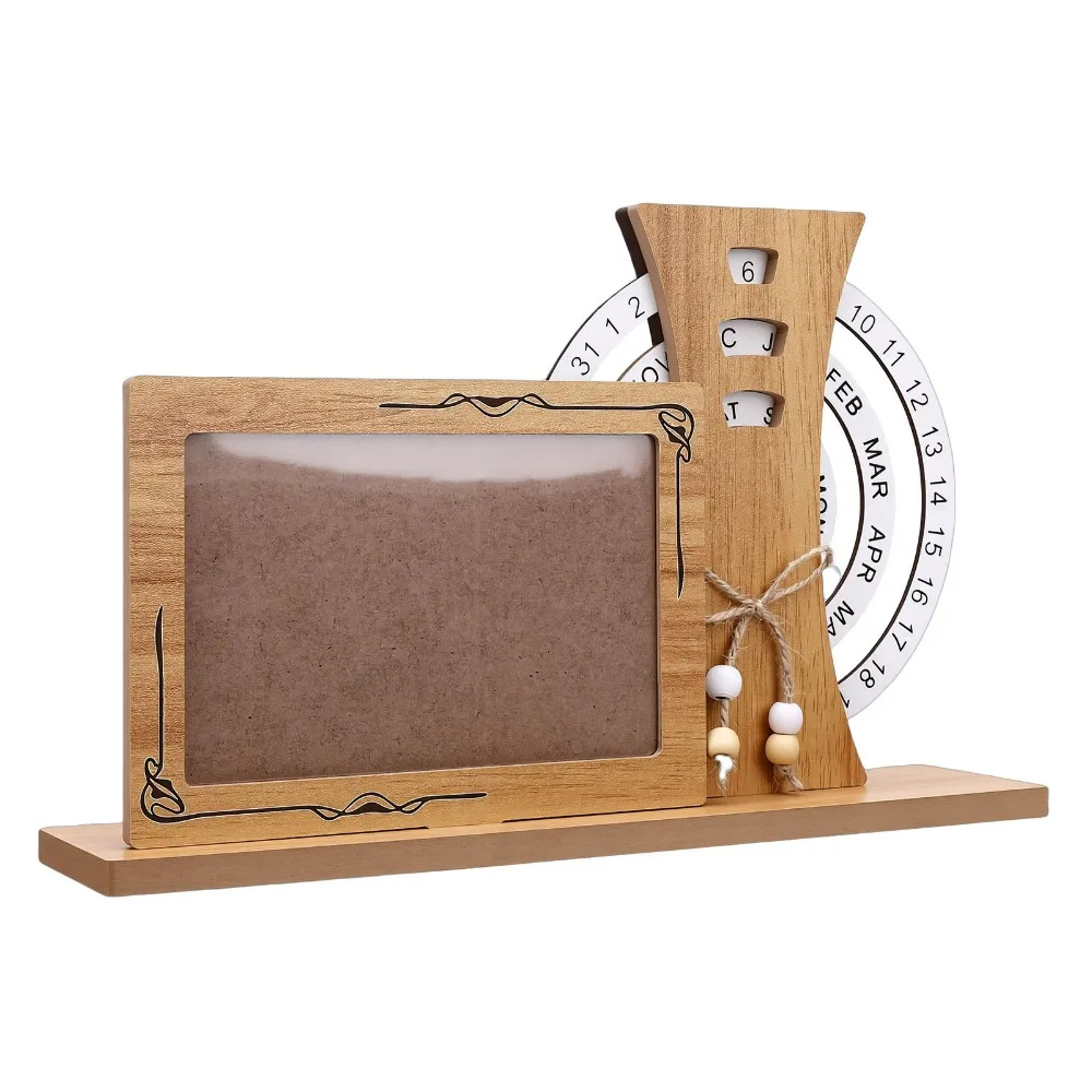 Wooden Perpetual Calendar Frame Insertable Photo Slot Ferris Wheel Design Eternal Calendar Photo Frame Multi-Function Display