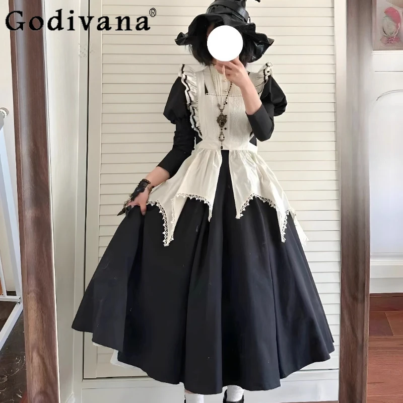 

Black Lolita Apron Maid Dark Dress Women's Bubble Sleeve Cosplay Dress Female Autumn Winter Addams Exhibition Dress Set