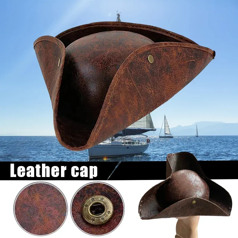 Vintage-Piraten-Tricorn-Mütze aus Kunstleder – Cosplay-Mütze im Used-Look für Männer und Frauen, perfekt für Maskerade-Partys