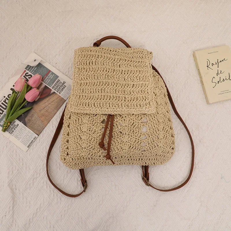 Damen Stroh Rucksack Sommer Boho Bohemian hohle Umhängetasche Hobo häkeln gewebte Reisetaschen für Frauen gestrickt Strand Rucksack