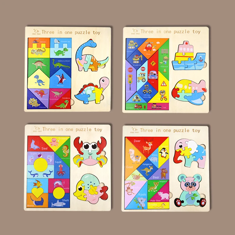 3 in 1 Wooden Tangram Jigsaw Puzzle Toy Educational Creative Geometric Shape Color Cognition Wood Building Blocks Gifts for Kids