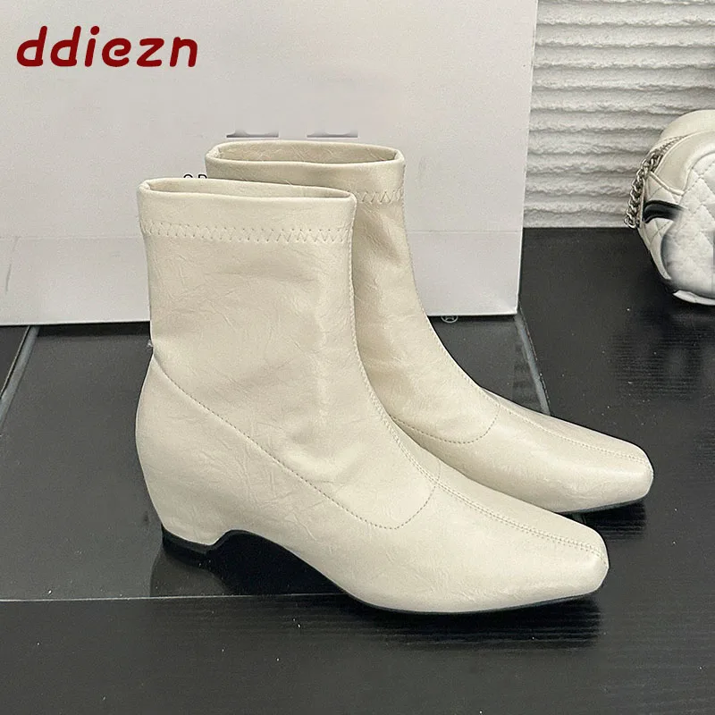 Elegant Women Ankle Short Boots Female Square Heel Shoes Fashion Pointed Toe Modern Ladies Stretch Booties Shoes