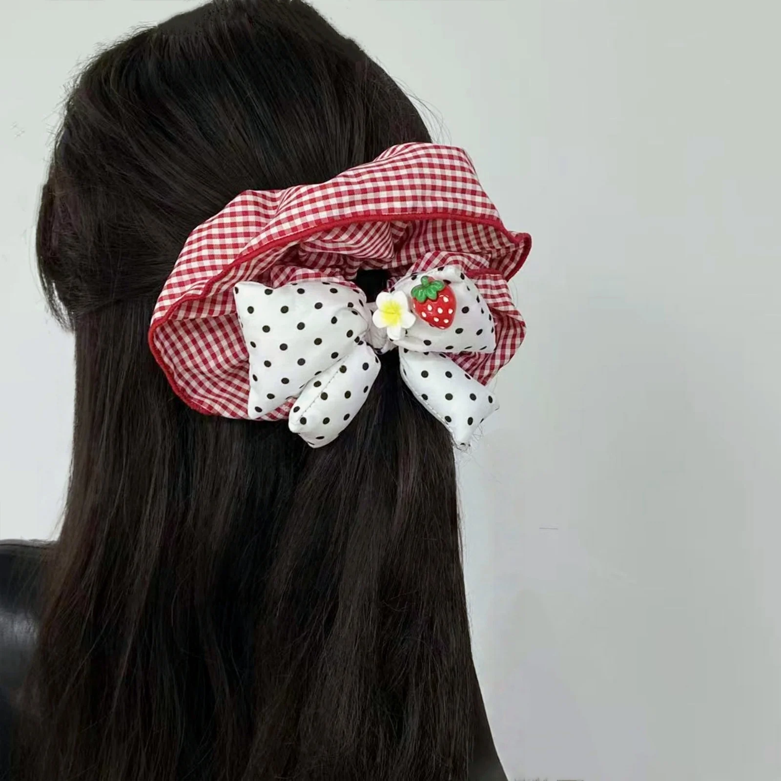 

1PC Sweet Strawberry Girl Red Plaid Large Hair Scrunchie, Cute Cotton-Filled Bowknot Bun Hair Rope Hair Accessory for Women