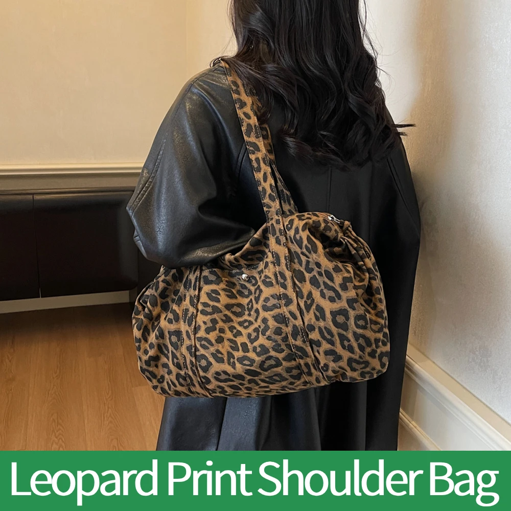 

Women Nylon Leopard Print Single Shoulder Handbag with Zipper Large Capacity Shoulder Bag for Shopping Work School & Daily Use