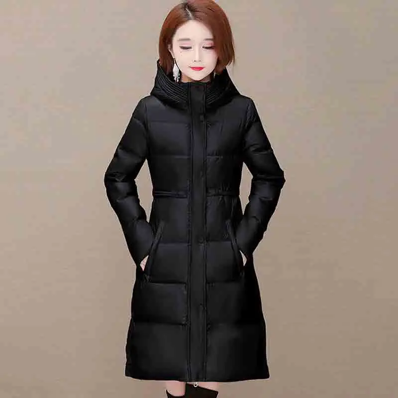 Fashion Glossy Down  Women's 2022 Winter New Korean Version Of Slim Warm Hooded Long Loose White Duck Down  Women's