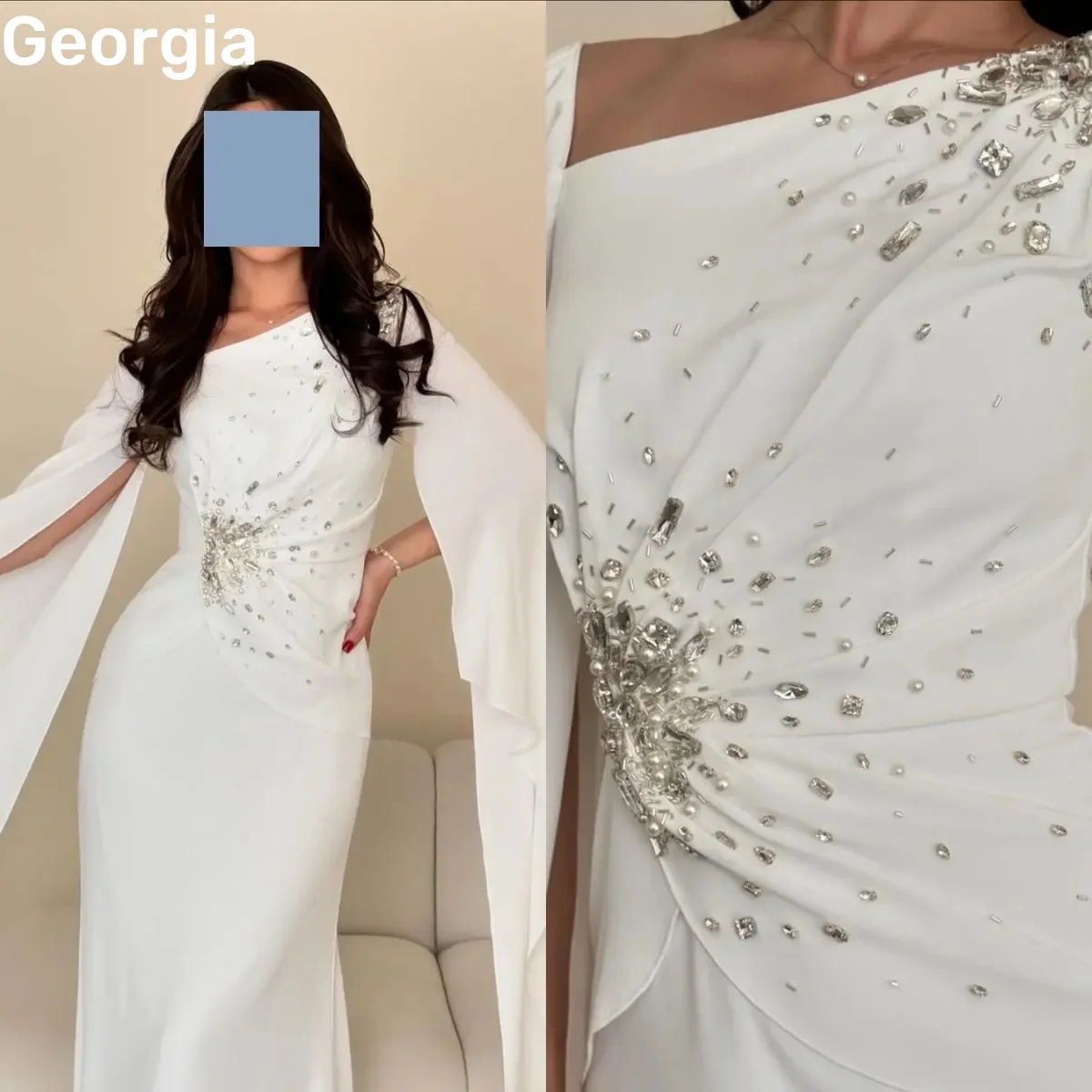 プロムドレス女性カスタマイズされた床の長さのコラムスクエアネックドバイ高級イブニングドレスジッパーアップビーズ長袖