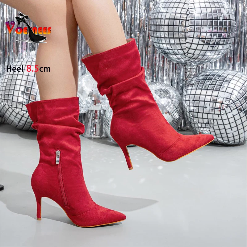 Women Boots 8.5CM Red High Heels Faux Suede Spring Autumn Ladies Shoes Designer Fashion Pleated Mid-Calf Boots Sapatos Femininos