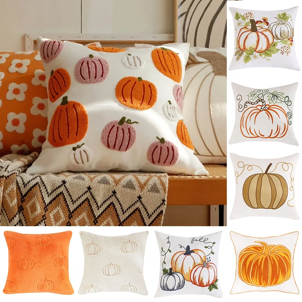 

Pumpkin Fun Decoration Cushion Covers Halloween Orange Pumpkins Embroidered Pillow Cases Holiday Decoration Throw Pillow Cover