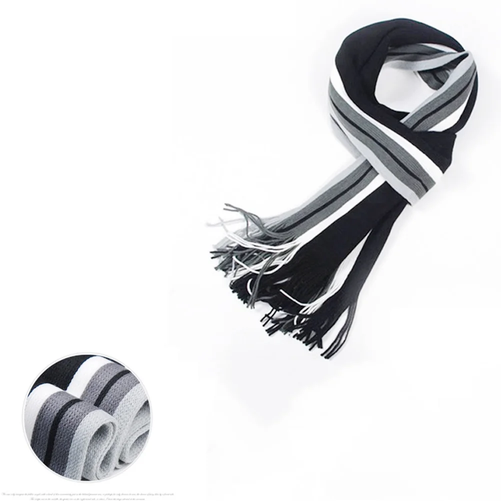 

Long Cotton Knitted Scarf Black Warm Padded Stripe Casual Winter Scarf for Men Business Christmas Birthday Gift