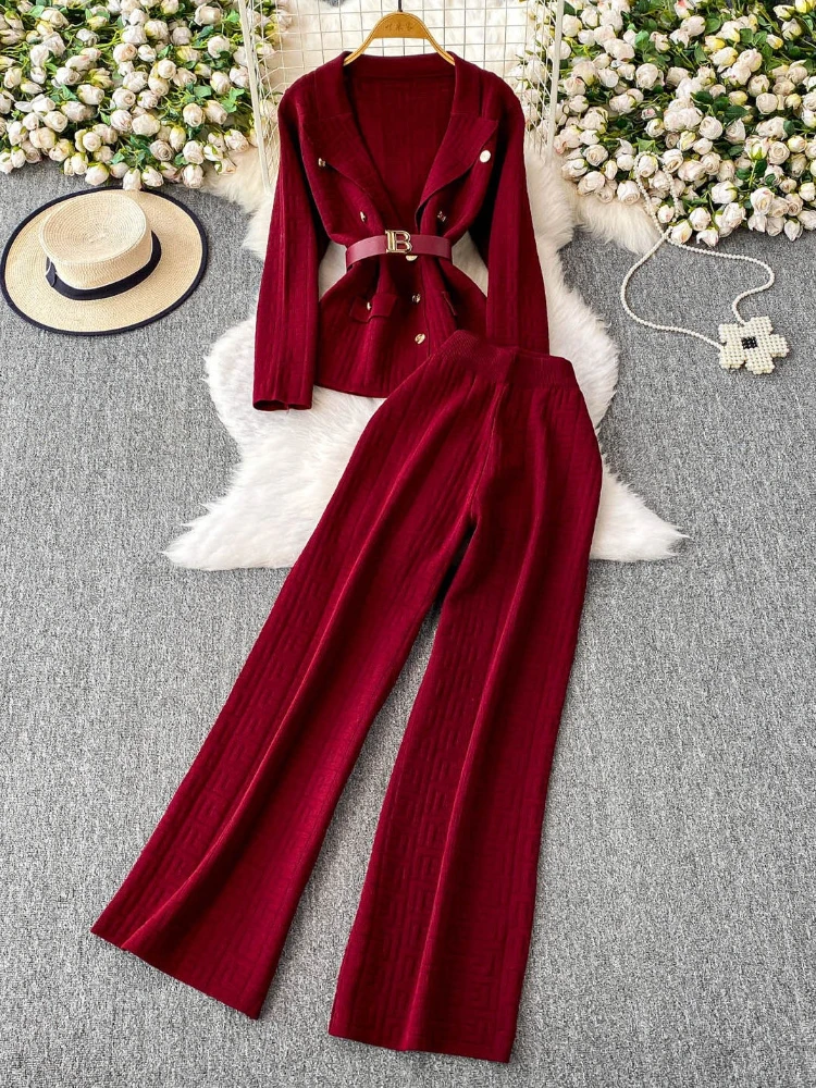 

Fashionable elegant lace-up waist cinching maze grid knit long sleeved suit collar jacket+high waisted pants set