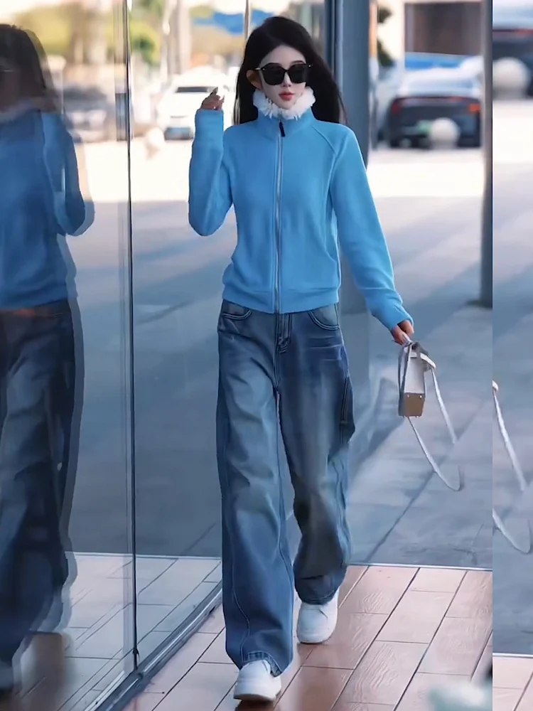 

Salt Series Fashionable Thickened Blue Denim Jacket And Wide Leg Jeans Women's Set Winter 2026 Casual Sportswear Two-Piece Set