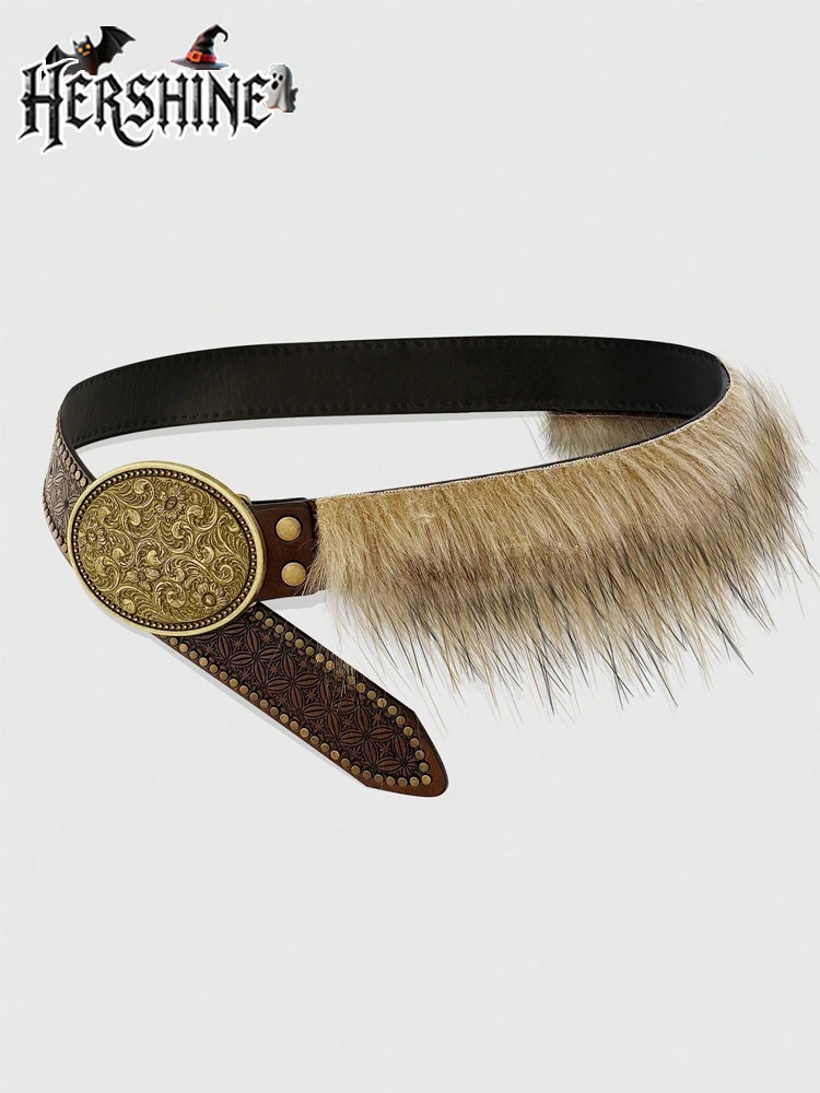 HERSHINE 1 piece plush tassel leather belt western cowboy style bohemian style ethnic style retro style fashion item