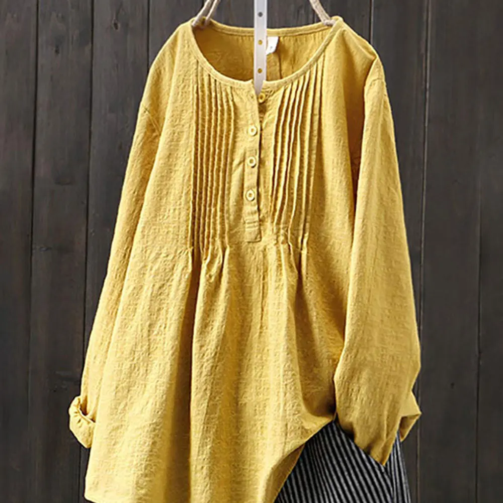 Jocoo Jolee Women Autumn Casual Long Sleeve O Neck Loose Blouse Vintage Harajuku Solid Cotton and Linen Shirt Oversized Tops