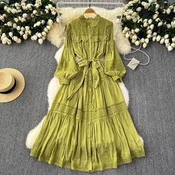 French Vintage Elegant lace PATCHWORK Long Sleeve Bandage Dress A-line Fashion Spring Summer Vestidos Women Dresses