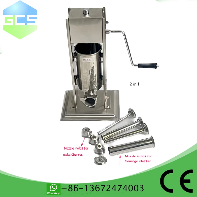 

304 stainless steel 2L Manual Churros Maker Machine with 3 size nozzles 2 in 1 sausage stuffer