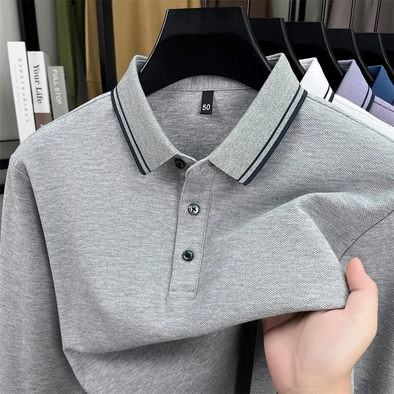 

Pure Cotton Long-Sleeved Polo Shirt Autumn High-End Turn-Down Collar Business Casual T-Shirt Men's