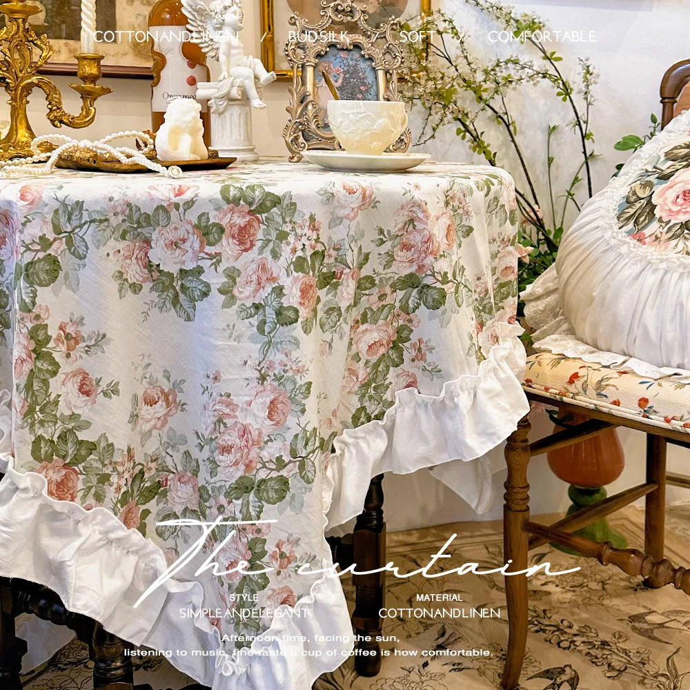 Korean Pastoral Tablecloth Elegant Retro Rose Vine Dustproof Tablecloth Desserttable Cloth Square Cotton Linen Cover Cloth