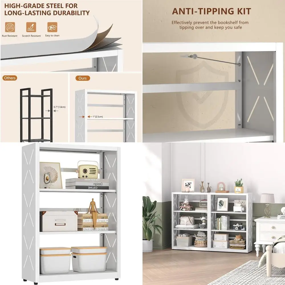 

Трехуровневая регулируемая металлическая книжная полка - белая, идеально подходит для хранения в гостиной и домашнем офисе