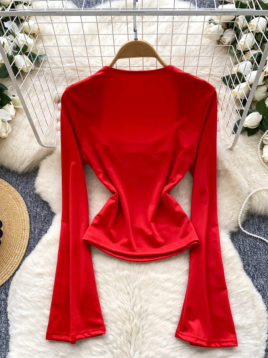 المرأة Y2k 2000s تي شيرت أحمر خمر Harajuku الجمالية Gyaru ساحة طوق تي شيرت كم طويل كبير الحجم تي شيرت الملابس 2025