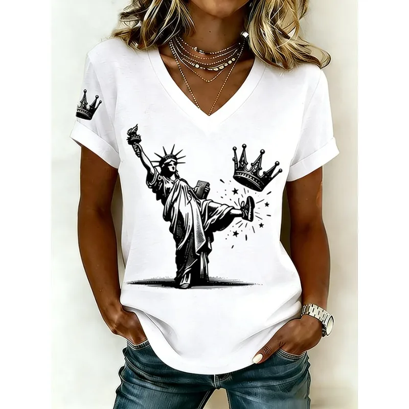 Women's With No King Pattern Print T Shirt Retro Summer V-Neck Short Sleeved T-Shirt FDT Casual Loose Tops