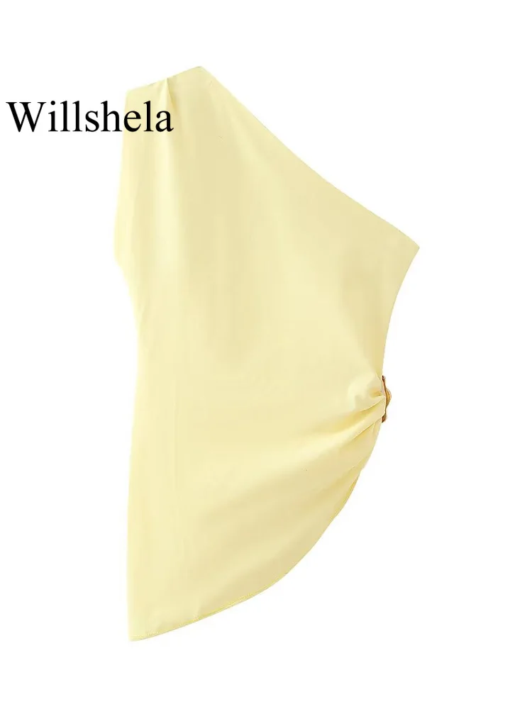 Willshela Women Fashion Yellow Pleated Bandage Asymmetrical Tops Vintage Backless One Shoulder Female Chic Lady Tops