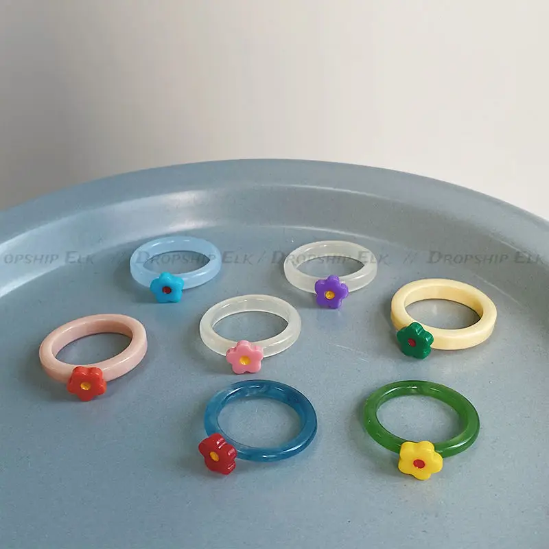 Colorful Enamel Heart Sweet Ring Trendy Geometric Dripping Oil for Women Girls Funny Y2K Chunky Jewelry Summer NEW