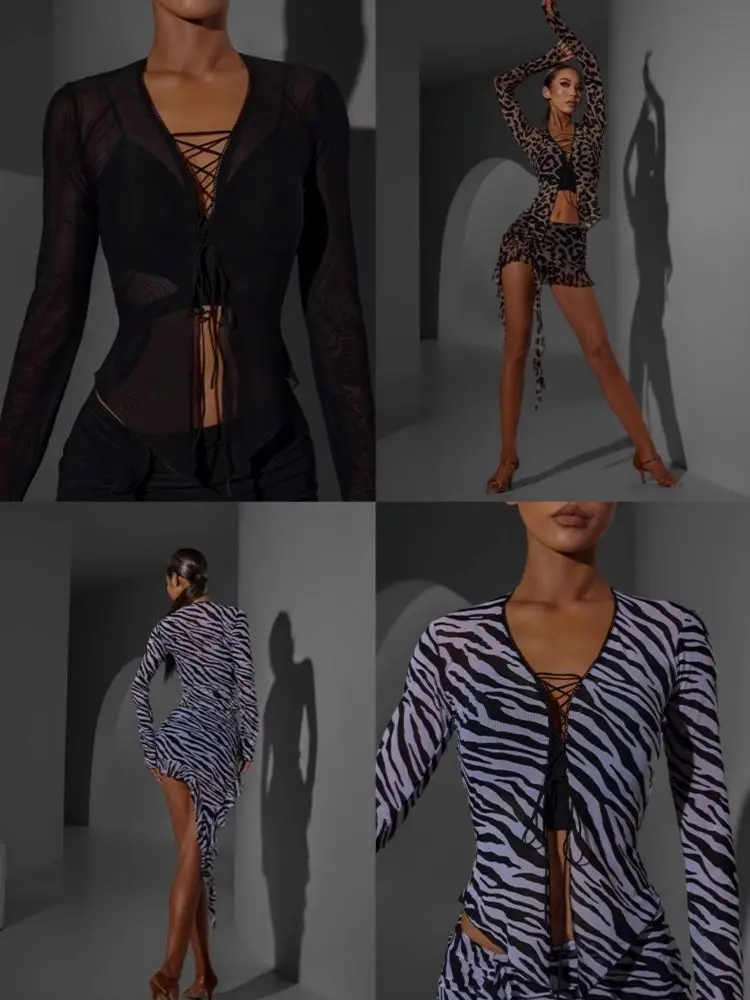 ZYM Latin Dance Mesh Top See Through Sexy Black Zebra Leopard Open Front Long Sleeve Shirt Transparent Dance Wear#2360