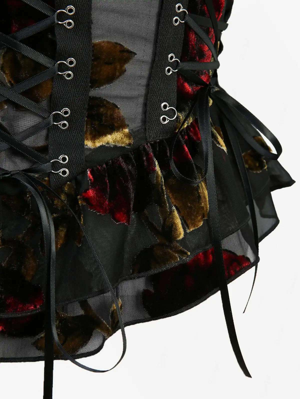 Gothic Flower Flocking Lace Up Peplum Hem Zipper Back Tops Black Vest Adjustable Shoulder Strap Cami