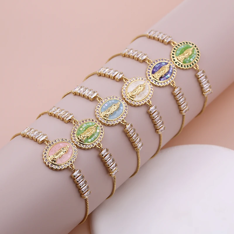 Oval Shape Shell Zircon Virgin Mary Push Pull Adjustable Bracelet 2023 Women Classic Versatile Jewelry