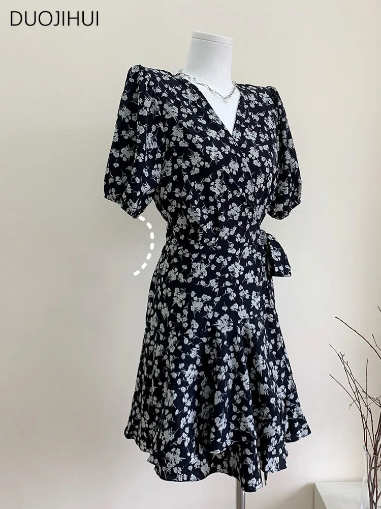 DUOJIHUI-vestidos con estampado Floral para mujer, ropa femenina con cuello en V, Estilo Vintage, elegante, coreano, a la moda, para oficina