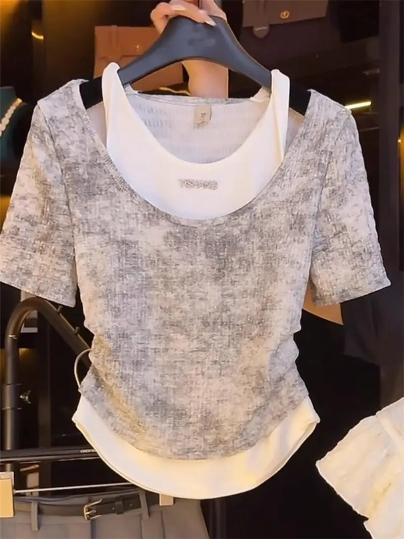 Camiseta plisada de dos piezas para mujer, Blusa de manga corta ajustada con cuello redondo y teñido anudado, moda francesa, novedad de verano 2024