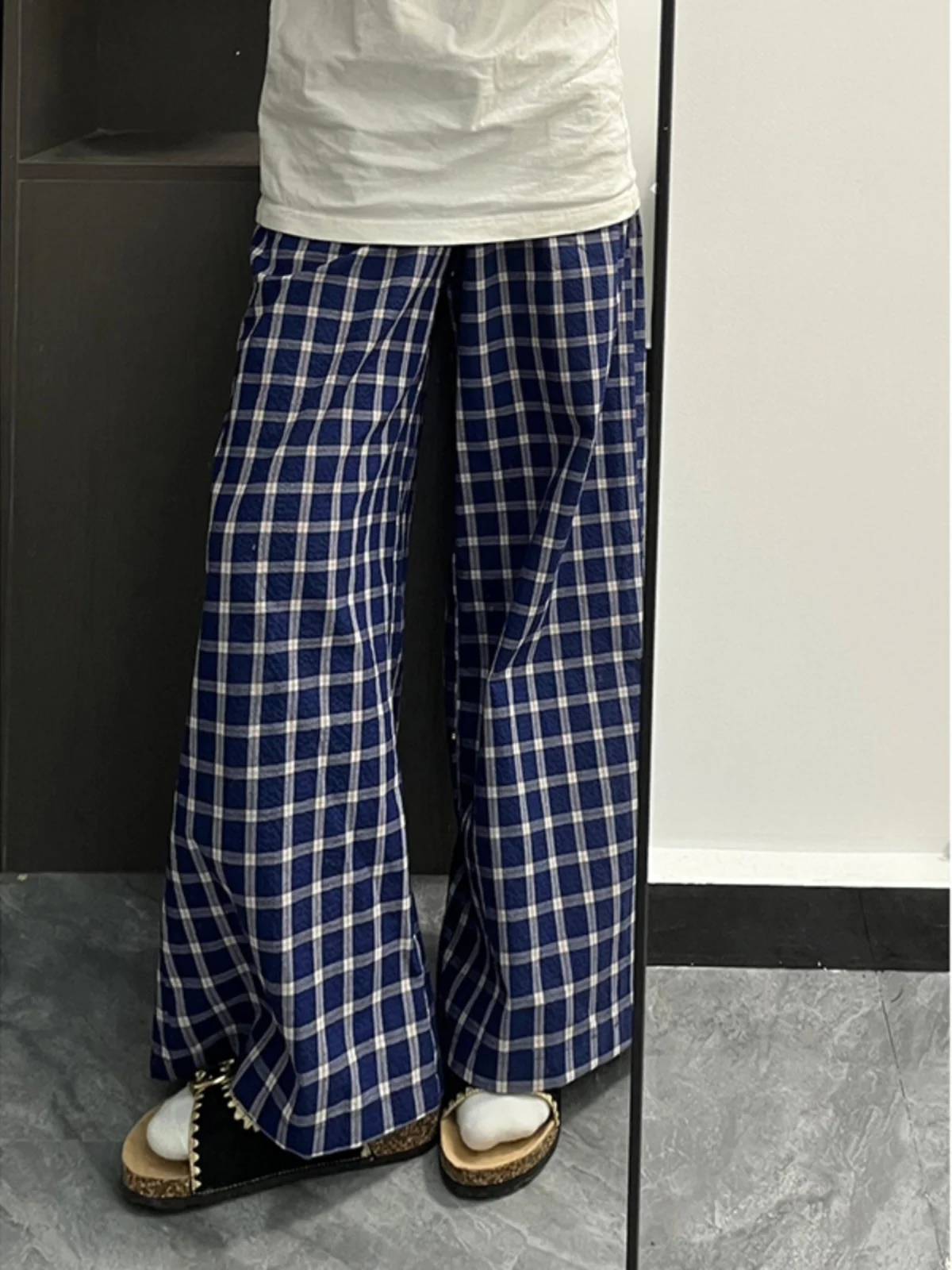 

Синие клетчатые мужские повседневные брюки, осенние американские ретро свободные брюки с узором, элитные крутые прямые брюки
