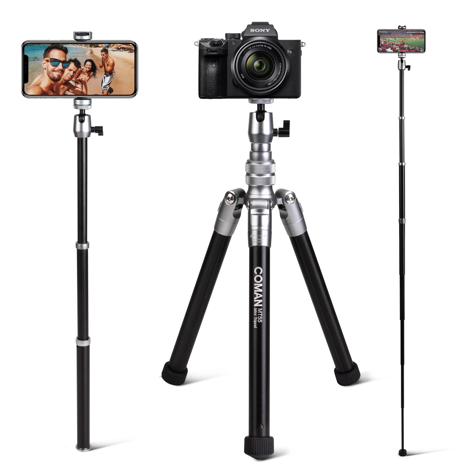 

COMAN MT-55 Portable Tripod Stand for iPhone Samsung Huawei Xiaomi Phone Clip Extendable Microphone Light Mount Holder