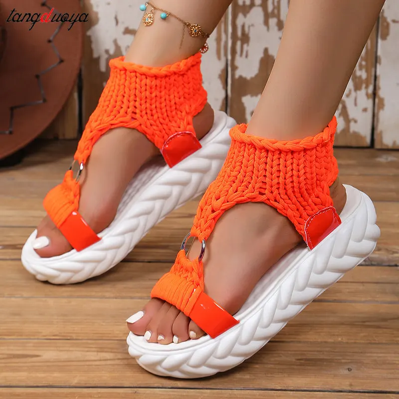 Sandals Women Braided Geometric Wedge Sandals Knitted Elastic Summer Shoes Mesh Flat Sandals Hollow Out Female Sandals Mujer