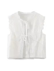 XNWMNZ 2024 Women's Fashion Embroidery Tie Top Women Vacation Style Round Neck Sleeveless Versatile Female top