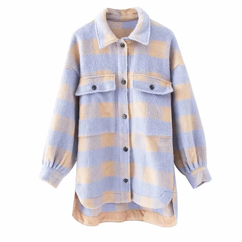 

Stylish Sweet Plaid Woolen Shirt Jackets Women Fashion Pockets Turn-down Collar Check Jacket Cute Girls Chic Coat Streetwear