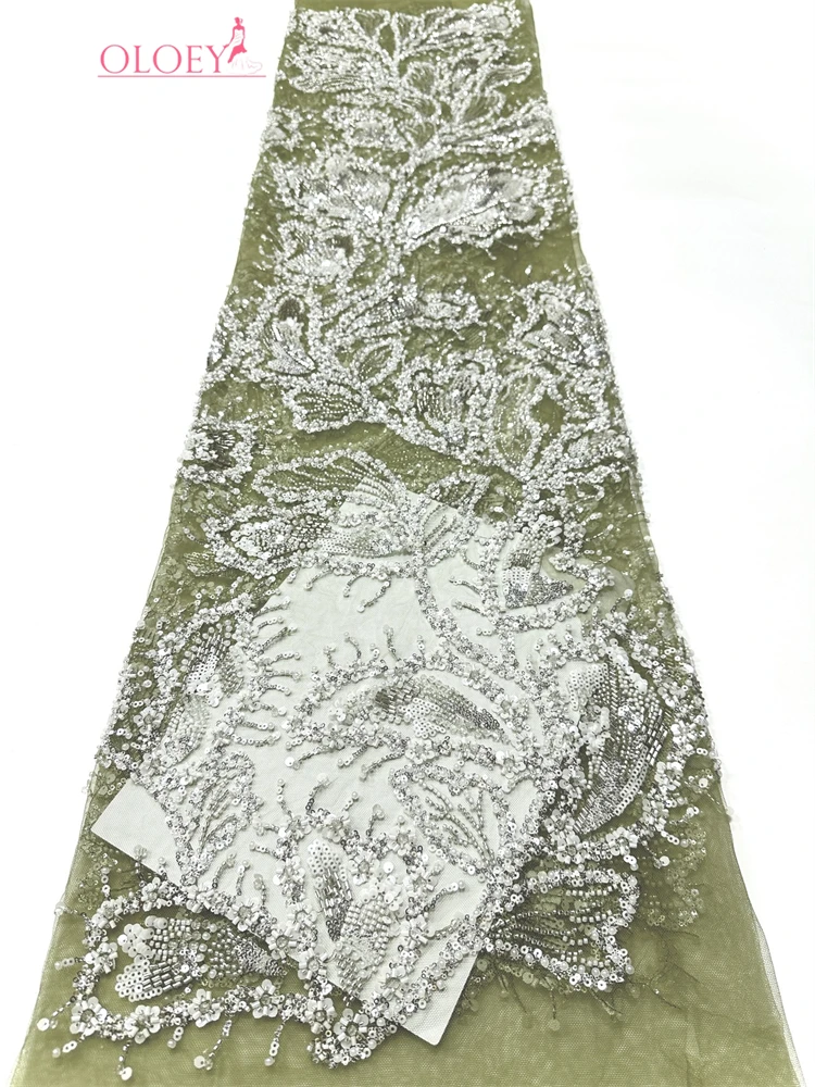 

OLOEY New 5 yards Exquisite quality,Wedding Evening Dress Lace Fabric,Gorgeous Beads Embroidery,Clothing Fashion sequins Dress F