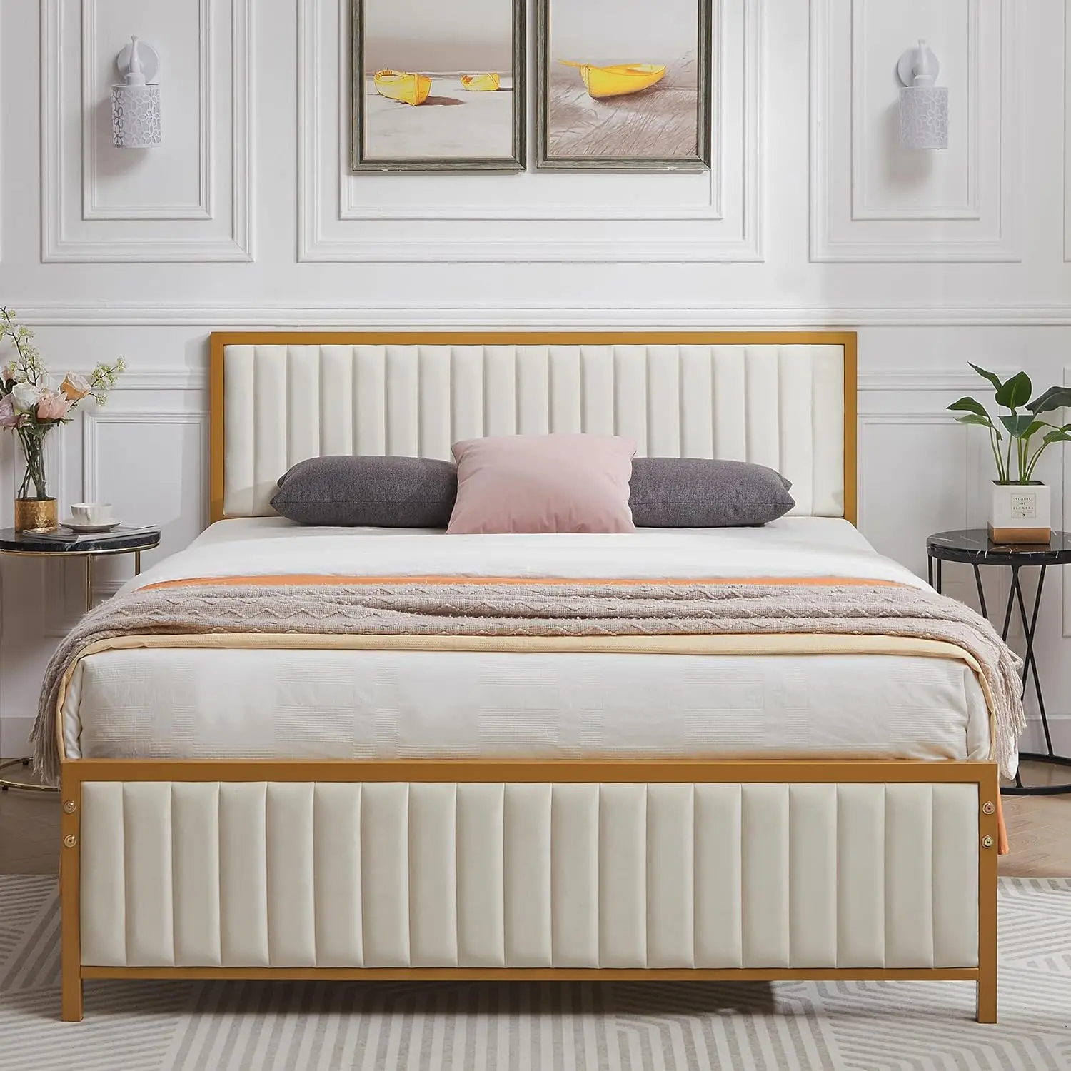 

Full/Queen Size Bed Frame with Upholstered Tufted Headboard & Footboard, Heavy Duty Steel Slats Platform, No Box Spring Needed