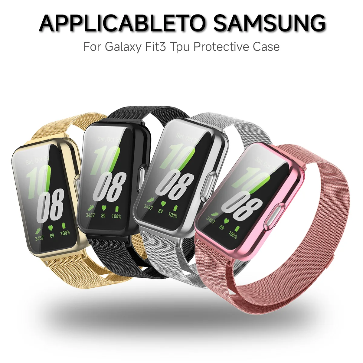 Para samsung galaxy fit 3 banda com starp magnético milanês tpu caso protetor de tela escudo substituição banda laço de aço inoxidável