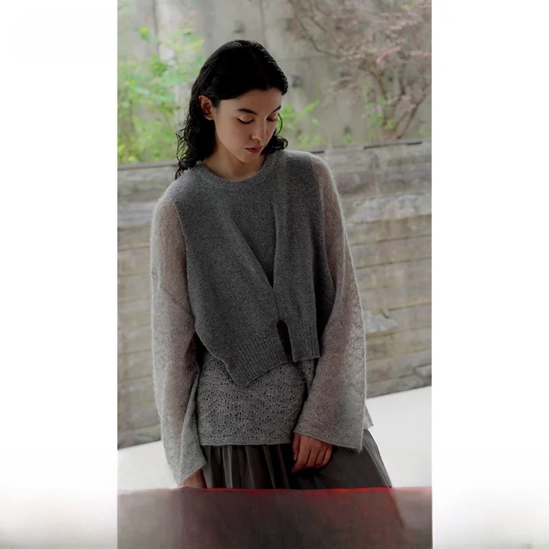 

ZynnI Original Wool Camere Vest round Ne Twist Knot Side Tie Faionable Texture Loose Fit ort Length Color