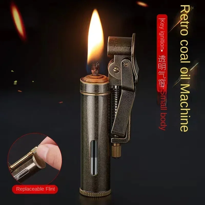 New Copper Kerosene Lighter Visual Oil Tank One-key Ignition Retro Nostalgic Grinding Wheel Lighter Men\'s Smoking Gift Tool