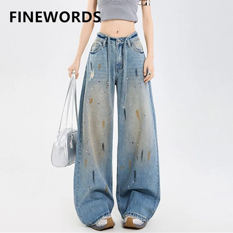 

FINEWORDS Vintage Wide Leg Printed Jeans Women Easymatch Streetwear Punk Cool Korea Baggy Jeans Harajuku High Waist Washed Jeans
