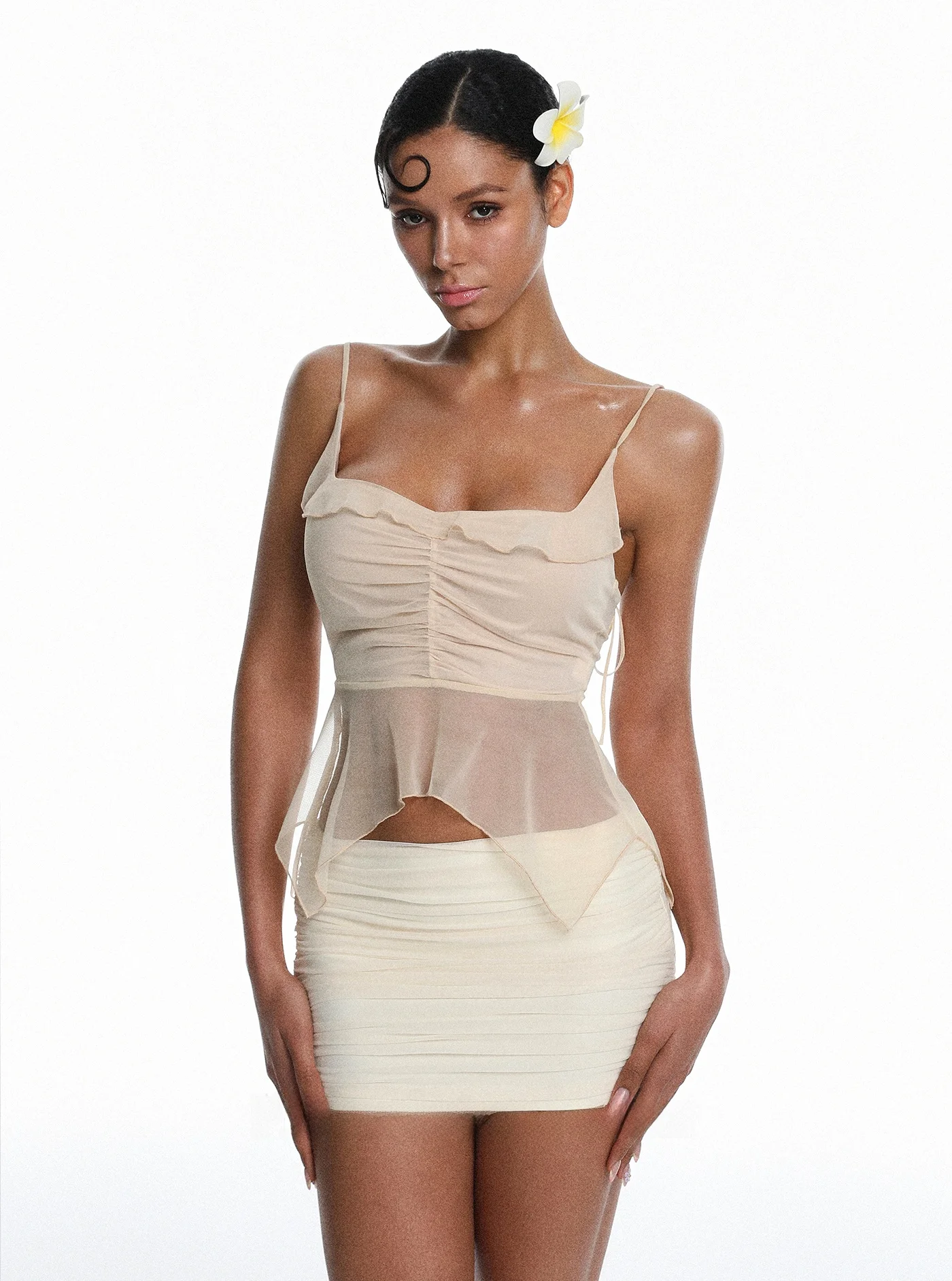 

Tagkita Women's Spring Fashion Set Short Skirt Net Gauze Strap Drawstring Lotus Leaf Tight Fit Top Bottoms Ensemble