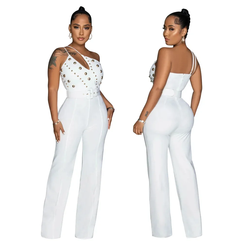 Inclined Shoulder Rivet Bodycon Jumpsuit With Belts Asymmetrical Club Outfits Women Rompers Party Sexy Jumpsuits Wide Leg Pants