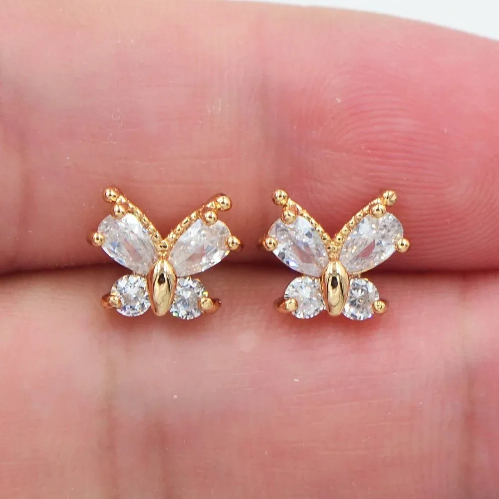 Fashion Gold Color AAA+ Cubic Zirconia Multicolor CZ Cute Butterfly Stud Earrings for Women